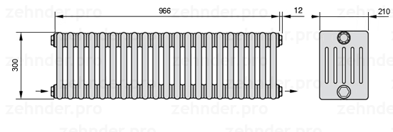 Схема (чертеж) Радиатор Zehnder Charleston 6030/21 №2670 Белый глянцевый RAL 9016